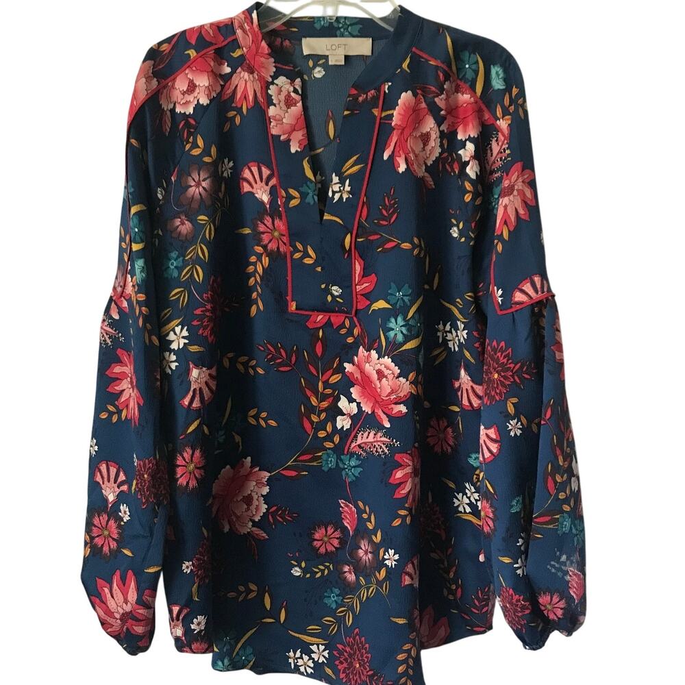 Loft Blouse Small Womens Tunic Jewel Toned Floral Gathered Sleeve Pullover Fall